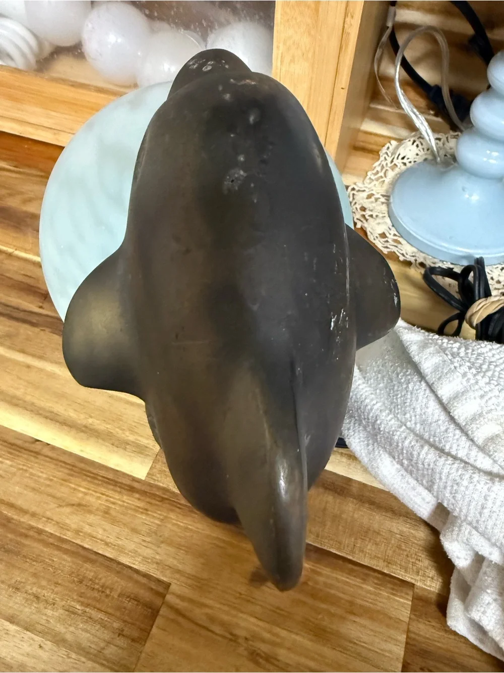 Dolphin Table Lamp SOLID BRASS Frosted Blue Glass Globe vintage art deco